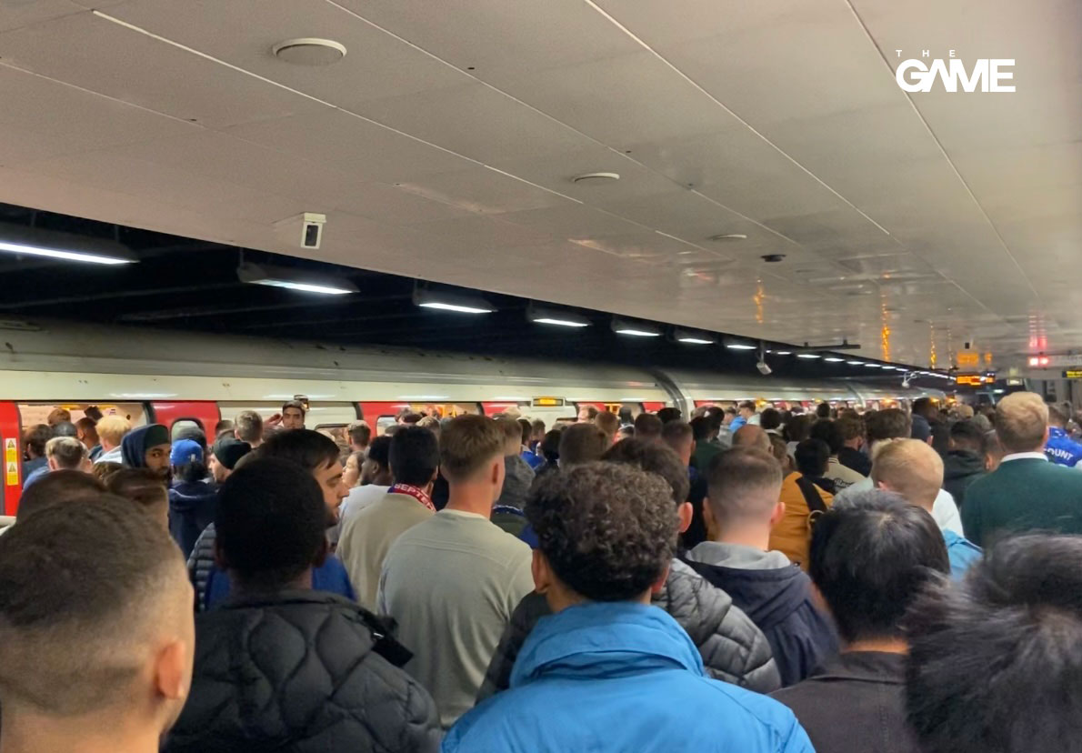 Chelsea fans squeezing into the train